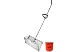THILEMON Sand flea rake for Beach 304 Stainless Steel Sand rake , Detachable 47-inch Long Handle, 16-inch Wide Basket with Sharp Teeth Sand Sifter Shovel, with Foldable Fishing Bucket