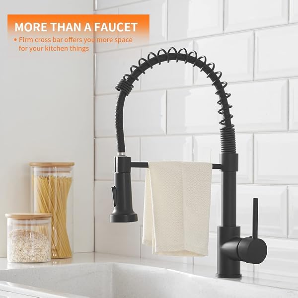 OWOFAN MATTE BLACK KITCHEN FAUCET WITH PULL DOWN SPRAYER – COMMERCIAL SINGLE HANDLE SPRING KITCHEN SINK FAUCETS, MODERN HIGH ARC LAUNDRY UTILITY FAUCET, 1 OR 3 HOLE DECK PLATE INCLUDED 9009R