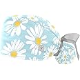 Mersov Little Daisy White Flowers Light Blue Working Cap with Button & Sweatband, 2 Packs Reusable Surgical Surgery Hats Ponytail Holder, Light Blue,white, Medium-3X-Large