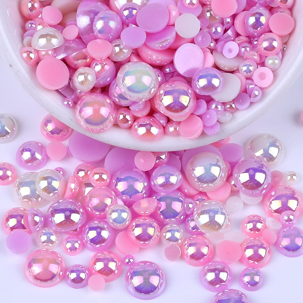 Pack of 200 Flat Back Semicircular Beads, Flat Back Beads, Faux Pearl Loose Beads, Colourful Half Beads, Imitation Pearls, Decorative Beads for DIY Manicure, Jewellery Making, 5 mm, Purple-Pink
