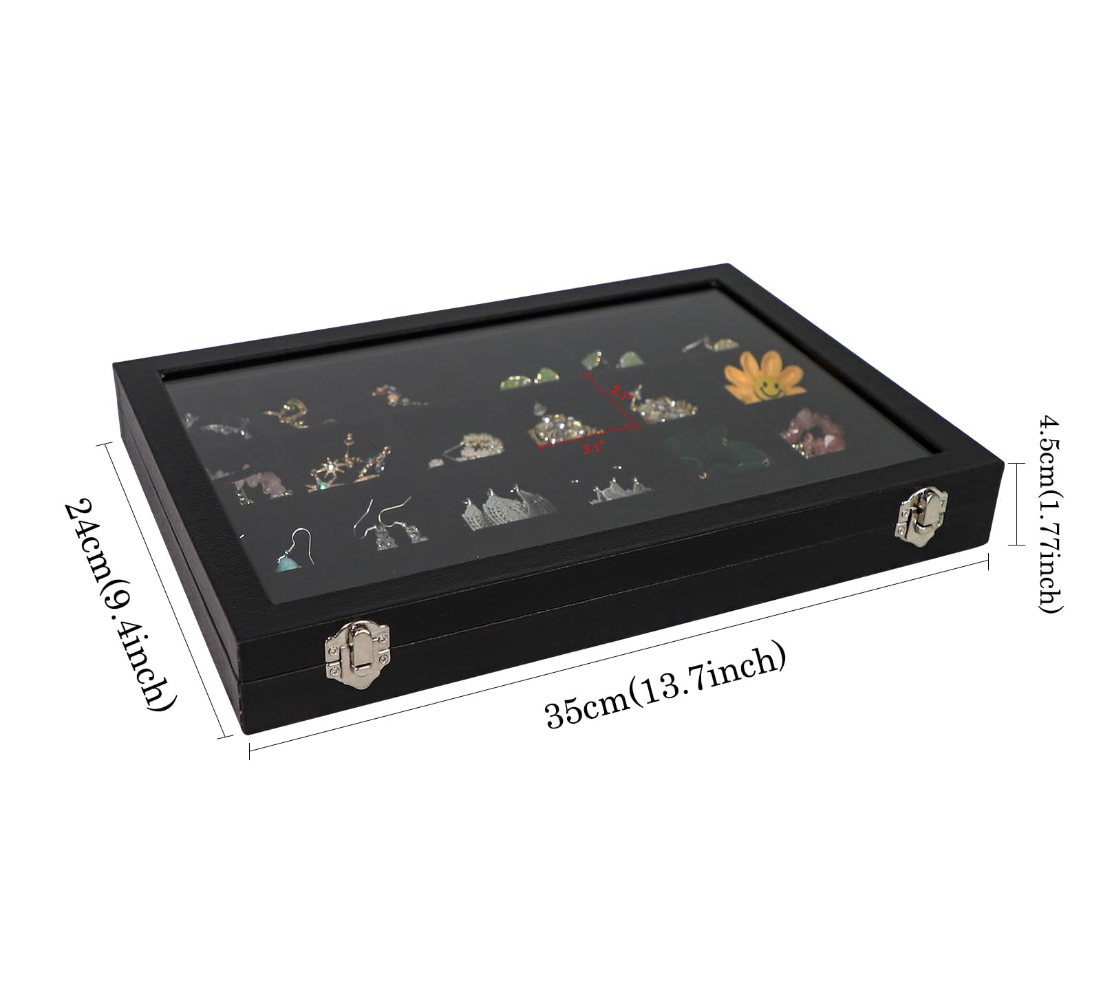 Wudygirl Jewelry Organizer Clear Lid 24 Grid Jewelry Box Case Organizer Showcase Display Jewelry Tray Removable Black Velvet Locked