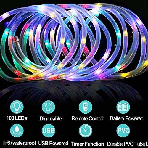 IELECMG LED Rope Lights,Battery Powered String Lights 33FT 100LEDs Fairy Lights with Remote,USB Rope String Light 8 Modes Waterproof Color Changing Tube Lights Dimmable for Patio Christmas Fence Boat