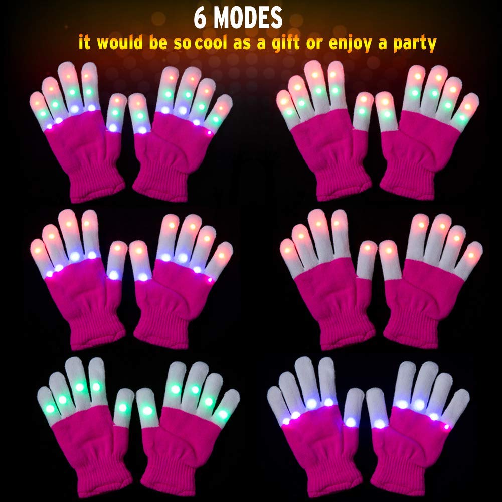 Children LED Finger Gloves, Ausein LED Flashing Light Gloves Colorful Glow Light Up Rave Gloves 3 Colors 6 Light Modes Flashing Novelty Toys for Kids with Extra Batteries, Pink