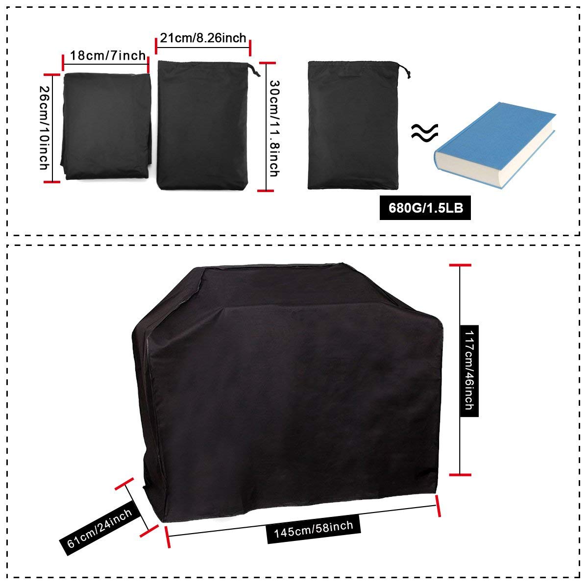 Pathonor Grillabdeckung 58 inch Grill Abdeckhaube Wasserdicht BBQ Cover 145 * 61 * 117cm Schutzhuelle Haube Grill Abdeckplane für Brinkmann, Char Broil, Holland and Jenn Air