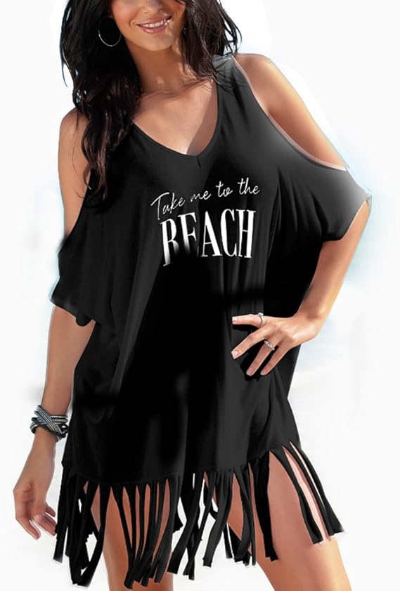 Amazon Co Jp Inlefen女性水着カバーuvプロテクションビーチタッセルロングシャツルーズビーチポンチョサマードレスソフト快適 服 ファッション小物
