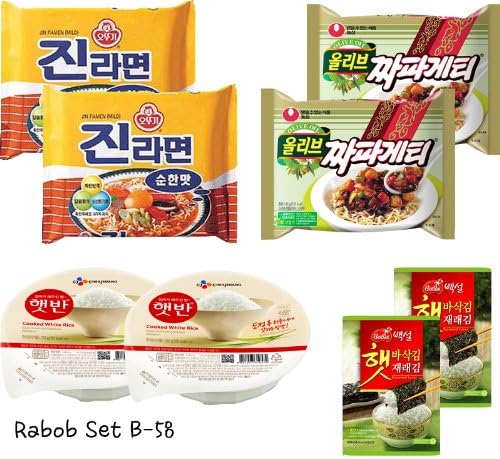 Rabob Set B-58(Jin Ramen Mild x2,Chapaghetti x2, Cooked White Rice x2, Crispy Toasted Seaweed x2) 라밥 세트 B-58 (진라면 순한맛 x2, 짜파게티 x2, 햇반 x2,백설 도시락 김 x2)