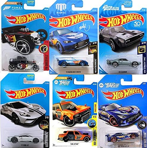 Burnerz EA Hot Wheels Cars Need for Speed Video Game SRT Viper / Time Attaxi / Fast Furious Ice Charger + MadMike Mazda Miata / Ford GT 2018 Silver + Forza Bone Shaker 6-Pack Die-Cast Race Bundle