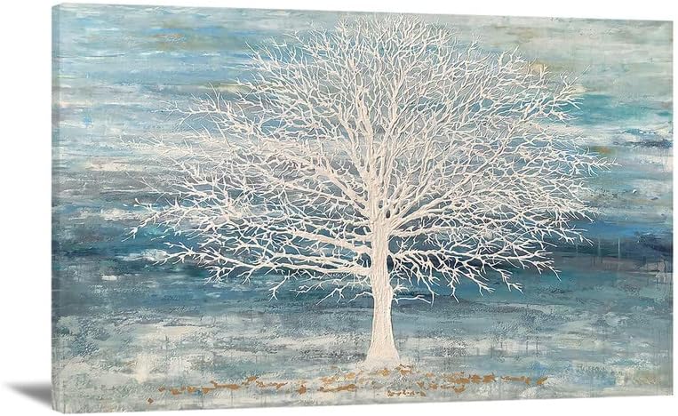 Paintings - Abstract Landscape Wall Art Home Wall Decor, Hand Painted Grey White Beige Paintings for Modern Home Decor, Tree of Life Canvas Wall Art Large Ready to Hang (A,Wood Framed, 24 X 16 Inch)