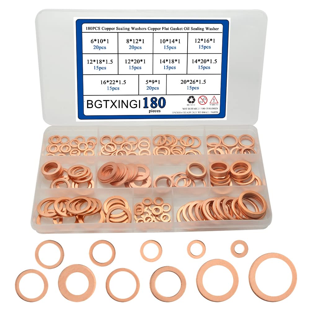 BGTXINGI 180Pcs 11 Kinds Copper Sealing Washers Copper Flat Gasket Oil Sealing Washer Box M5 M6 M8 M10 M12 M14 M16 M20