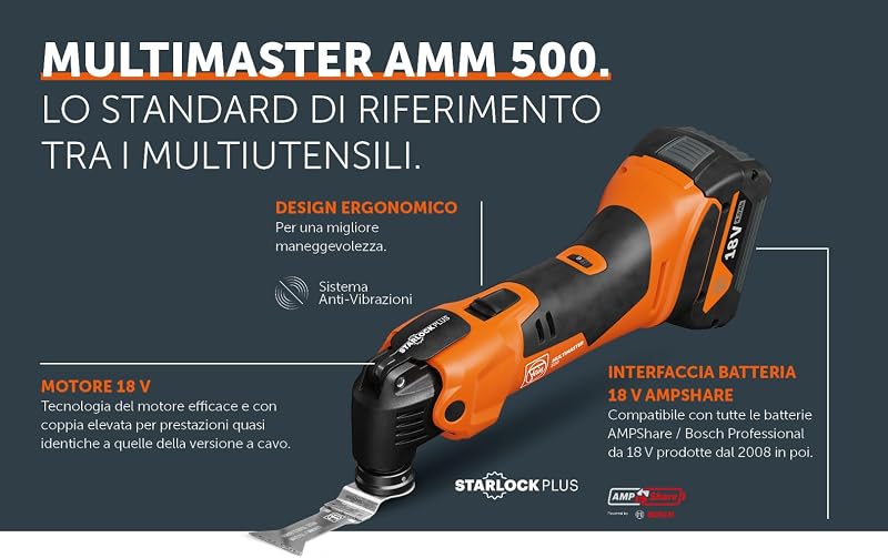 Multimaster AMM 500 Plus Top 2.0 Ah AS, con 30 accessori per lavori di ristrutturazione e rinnovo, compatibile con AMPShare/BOSCH 18V, con caricabatteria GAL 1880 e 2 batterie Li-Ion 18V/2Ah