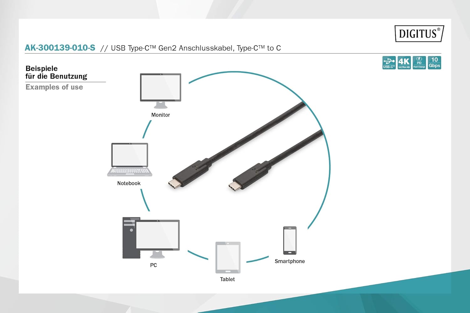 DIGITUS USB-C cable, 1 m, USB 3.2 Gen2, 10 Gbps, Type-C to Type-C, 100W power delivery, for smartphones notebooks, tablets - Image 5