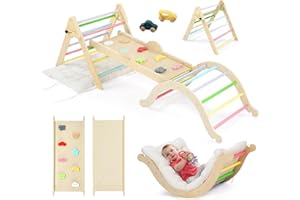 JOYMOR 9-in-1 Pikler Triangle Set with Cushion (Large), Montessori Wooden Climbing Set for Toddlers with Colorful-Patterns Rocks, Seesaw, Arch, Foldable Ladder, Ramp, Toddler Climbing Toys Indoor