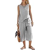 EXLURA Womens Summer 100% Cotton 2 Piece Outfits Striped Sleeveless Top Capri Wide Leg Pants Sets Faux Linen Beach Vacation