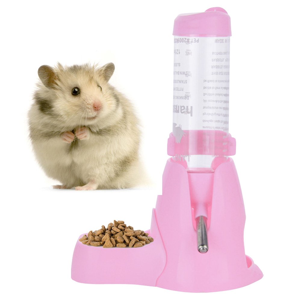 125ml Pet Water Bottle,Pet Drinking Bottle with Food Container Base Hut for Hamsters Rats Guinea-pigs Ferrets Rabbits Small Animals Hanging Water Feeding Bottles Auto Dispenser (Pink)