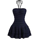 BEAUDRM Women's Y2k Halter Mini Dress Ruffle Layered Ruched Tie Backless Textured Dresses Summer A Line Short Dresses