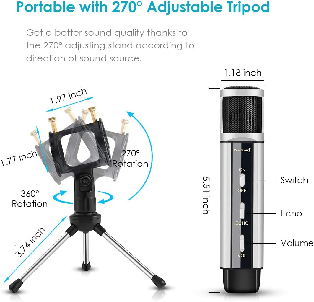 Studio Microphone, ZealSound Condenser Studio Microphone with Built-in Sound Card and Echo Effect, Vocal Recording Computer Microphone w/Tripod Stand for YouTube PC Laptop Tablet and Phone-Silver: Musical Instruments