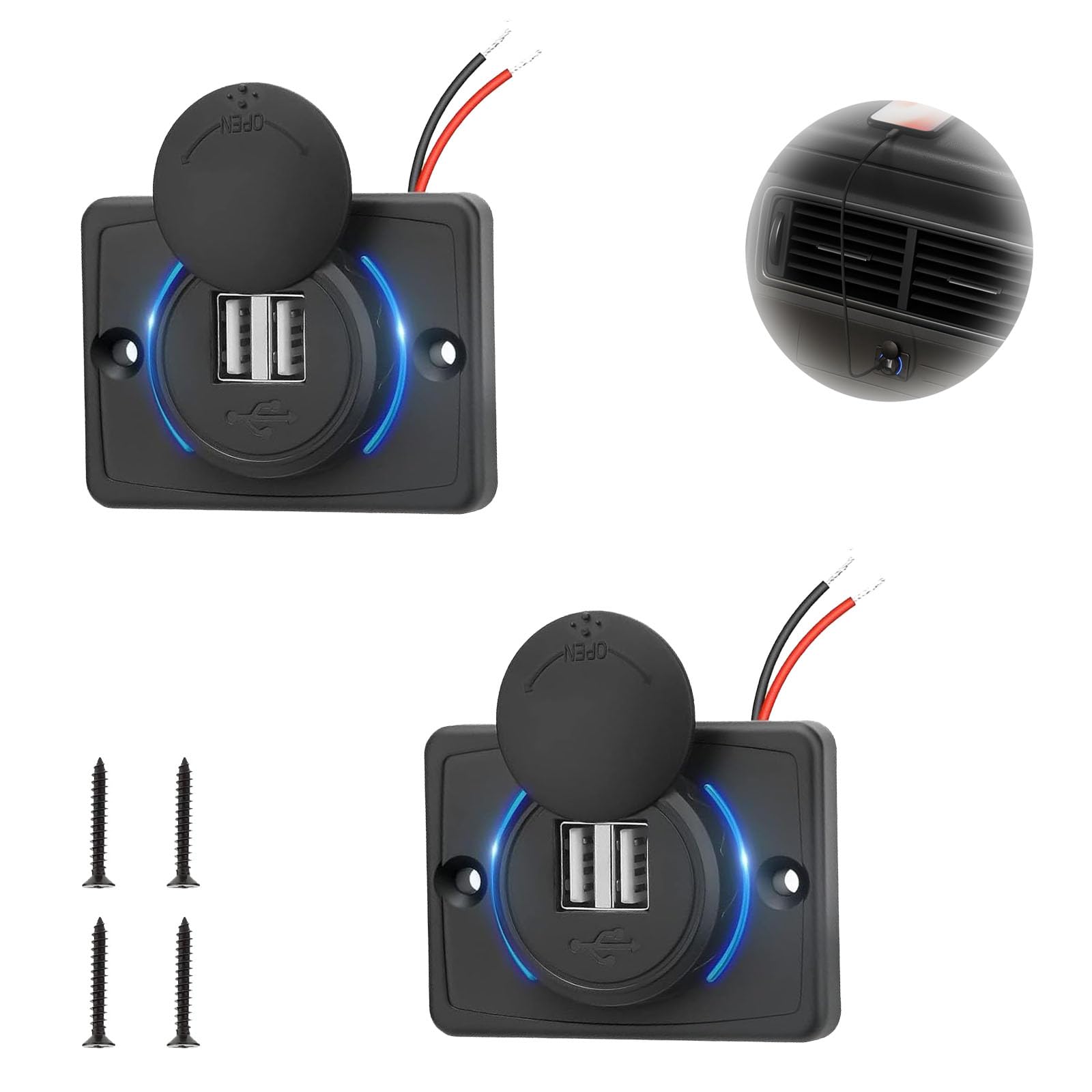 GVSS 2 x 12 V-24 V Waterproof USB Car Socket with Switch, Dual Port USB Socket 12 V 3.1 A with Blue Light & 4 Screws, for Car, Boat, Truck, Motorhome