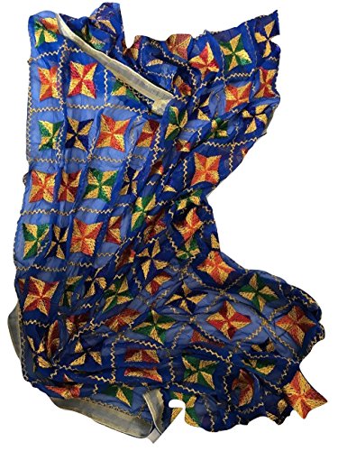 IBC Punjabi Dupatta Phulkari Work Women Scarf Perfect Match for any Dress (Royal Blue)