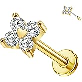 Designfy 14K Yellow/White/Rose Gold Cartilage Earring Top Push in 1 Pcs Threadless Flower Flat Back Stud Nose Stud Lip Ring 16G Helix Tragus Piercing Jewelry for Women 6mm 8mm