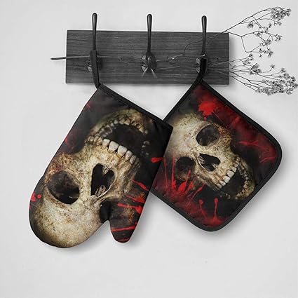 Juego de 2 manoplas y agarraderas de horno con diseño de calavera y