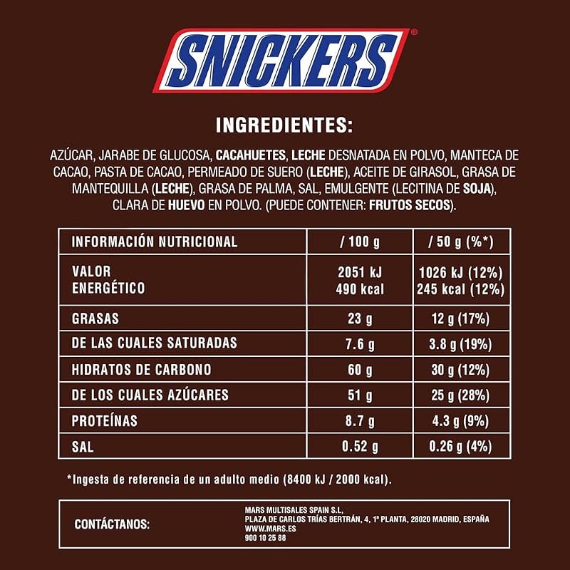 Chocolatina con Crema de Cacahuete, Caramelo y Cacahuete recubiertos de Chocolate con Leche (24 x 50g)