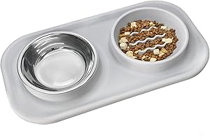 Gentledog Waterproof Silicone Cat Food Bowls, Stainless Steel & Silicone Slow Feeder Double Bowls, Non-Skid & Non-Spill Raised Edge, Food and Water Feeder for Cat and Puppy-Grey