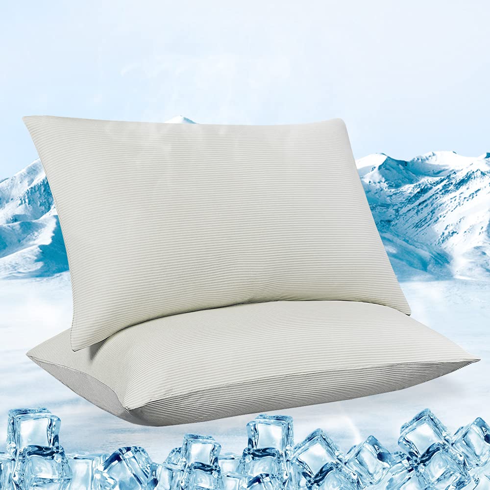 Luxear Cooling Pillow Cases 2 Packs, Silky Soft Q-Max>0.5 Pillowcase Standard Arc-Chill Anti-Static For Hair Skin Stretch Cool Pillow Covers With High Elasticity Standard Size, Grey Stripes — image 1
