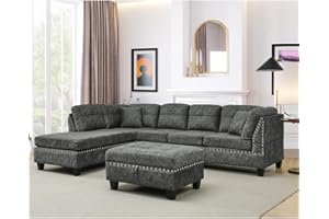 Evedy Living Room Furniture Sets,Sectional Sofa with Storage Ottoman,L-Shaped 2 Pillows&Extra Wide Reversible Chaise,Upholstered Couch for Large Space Apartments, Gray F