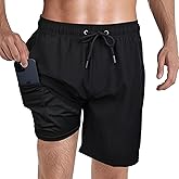 Mens Swim Trunks with Compression Liner, 2 in 1 Quick-Dry 7" Inseam Swimming Trunks for Men