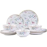 Stoneware Dinnerware Set for 4, 12 Pcs Floral Plates and Bowls, Gold Rim | Bone China Scratch Resistant Dishes, Microwave and Dishwasher Safe, Lightweight Porcelain Plates and Bowls, Easy to Clean