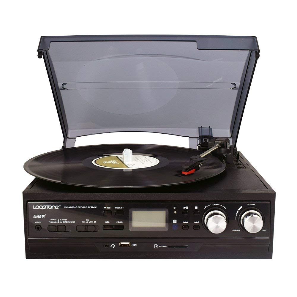 MPOOLING 6 In 1 Record Player with Built-in Speakers,Bluetooth Turntable Cassette Player FM AM Radio Vinyl to MP3 Recording RCA Line Out (black)