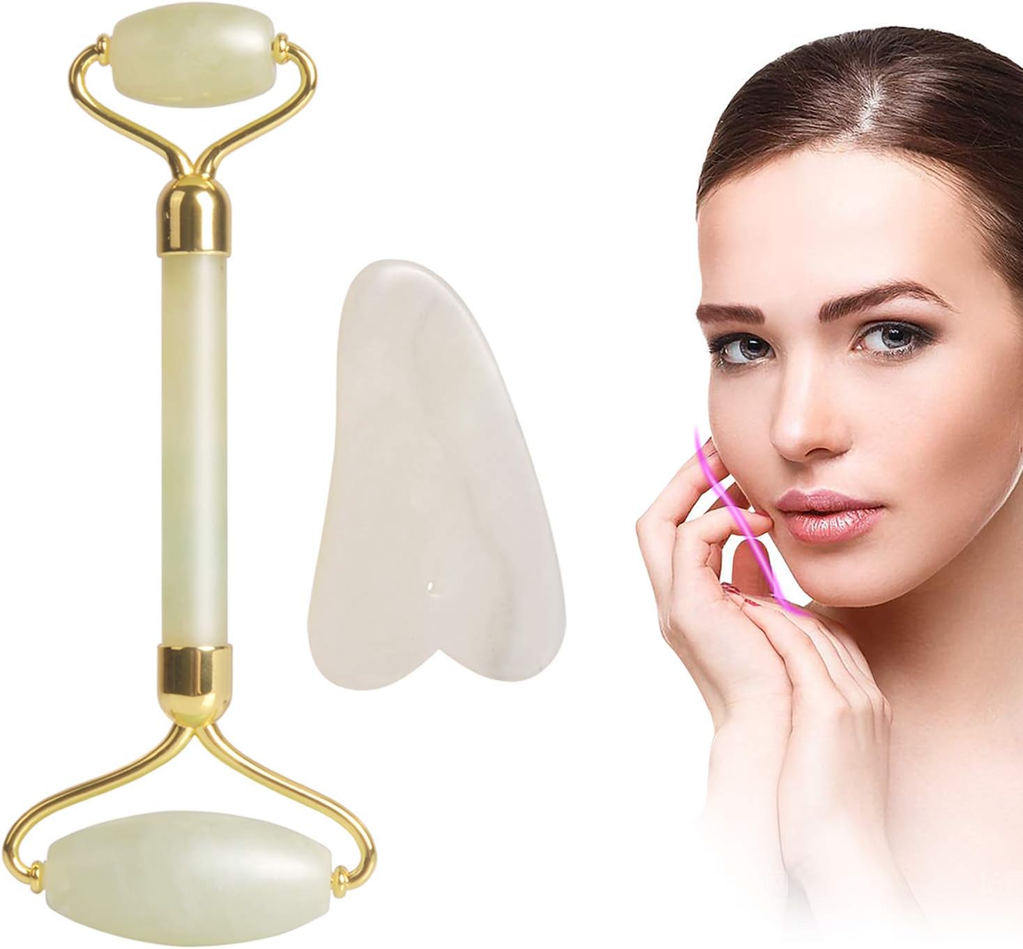 Anti Aging Jade Face Roller- 100% Natural Jade Skincare Massage Stone Gua sha Scraper Premium Authentic Jade Anti Aging Wrinkle Massage for Face, Eye, Neck