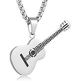 HZMAN Guitar Pendant Necklace for Music Lovers - Gold, Silver and Black Stainless Steel Musical Instrument Charm Gift for Guitarist, Men & Women