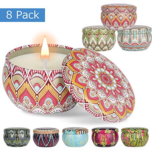 Domumdo Scented Candles Set (Lemon, Fig, Lavender, Spring Fresh, Rose, Jasmine, Vanilla, Bergamot) Soy Candles Scented and Organic Candles, Massage Relaxing Travel Tin Aromatherapy Candles 8 Pack