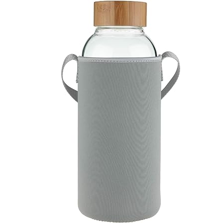 Ferexer 1.5 Liter Sport Borosilikat Trinkflasche Glas Wasserflasche mit Bambus Deckel mit Neoprenhülle 1500 ml / 1.5 L