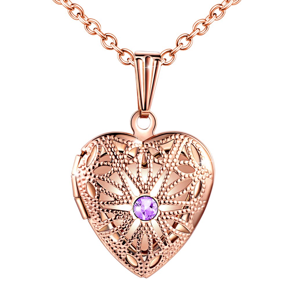 MicLee Ladies Necklace Photo Locket Pictures Amulet Purple Cubic Zirconia Heart Pendant Necklace Stainless Steel with Gift Box Greeting Card