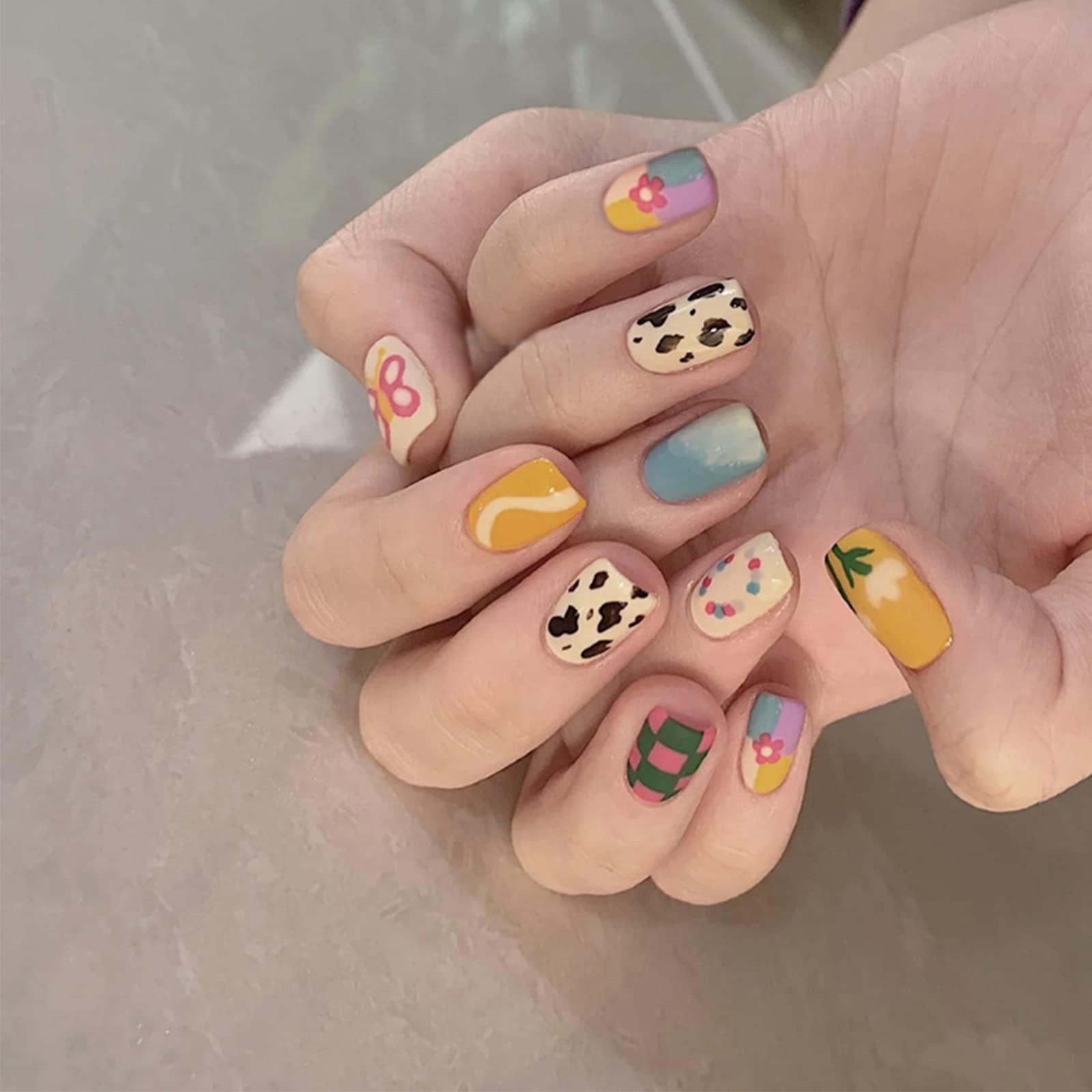 Press On Nails Long Coffin Bellarine Tapered full coverage glossy false Nails, Fake Arcylic press on nails hand manicure for women (Short-Garden Rainbow)