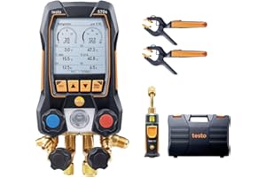 testo 570s AC Manifold Gauge Set – AC Gauge Set with 2X 115i Pipe-Clamp Thermometer, 1 x 552i Vacuum Probe – with 4-Way Valve, USB-C - Bluetooth and App-Connection