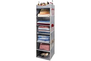 roomtalk 7-Tier Hanging Closet Organizer with 6 Side Pockets, Foldable Hanging Closet Shelves for Storage Clothes Shoes Hats Toys, Grey.