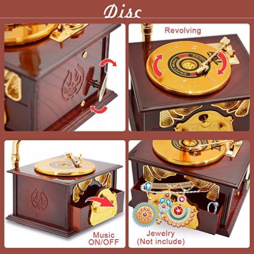 Wind up Music Box Vintage Look Music Box With Jewelry Box - Table Desk Decoration and Gift (Disc Machine, Brown)