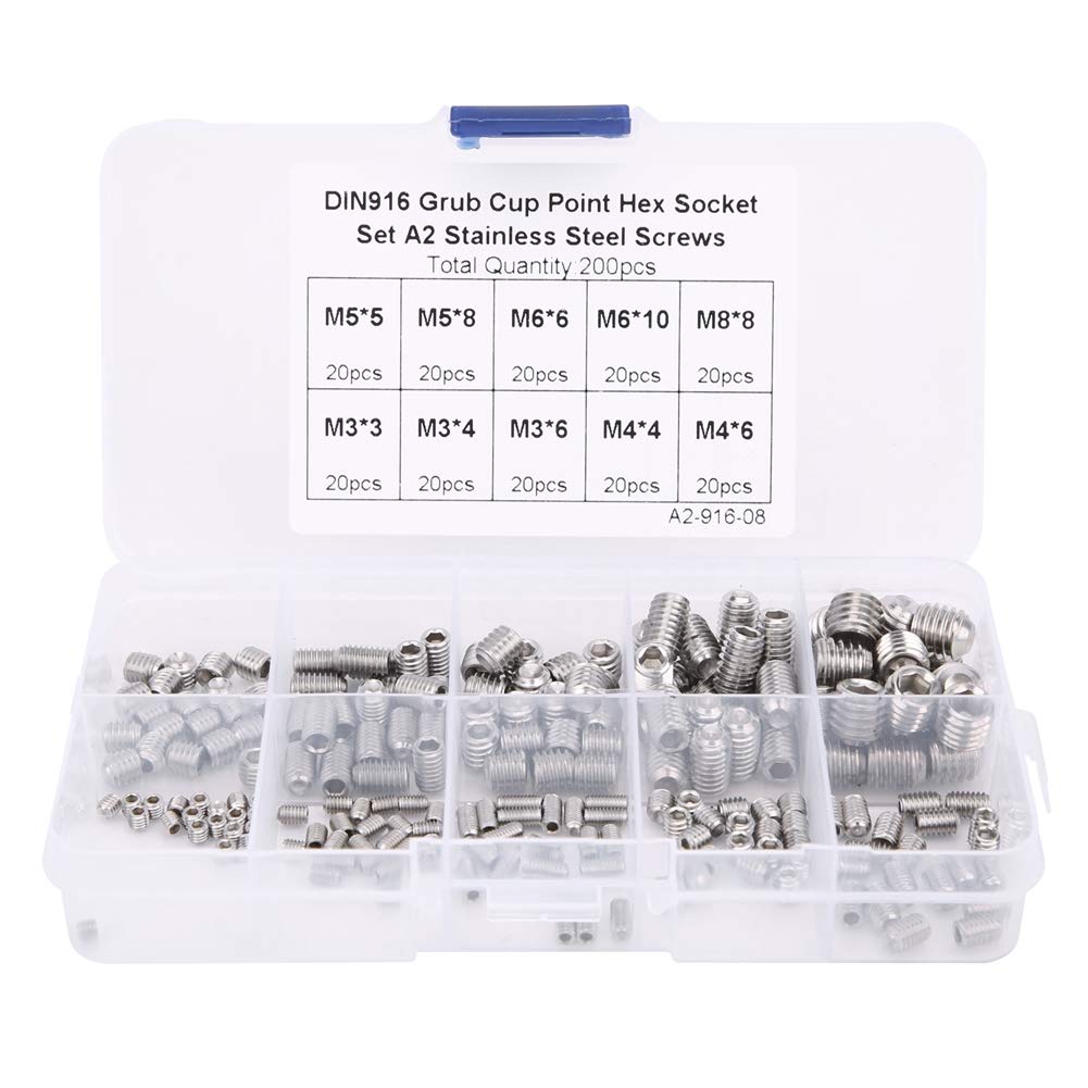 200pcs M3/M4/M5/M6/M8 Stainless Steel Flat Point Hex Socket Grub Screw ...
