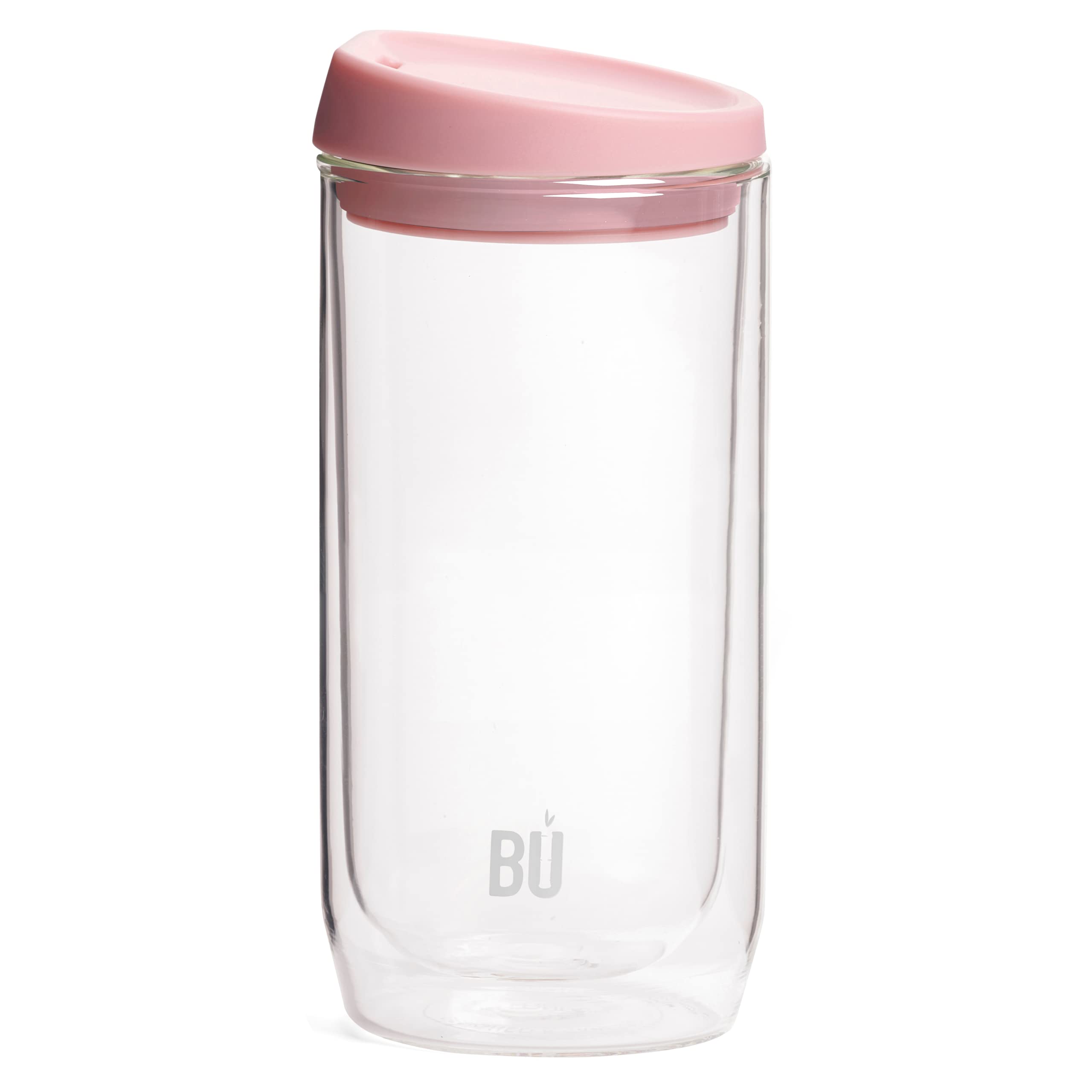 BU Products Reusable Double Walled Glass Coffee Cup | Travel Mug | Splash Proof Antibacterial Lid | BPA Free | Cappuccino Latte Flat White Glass Mugs | Vacuum Insulated | 16oz/454ml Blush Pink