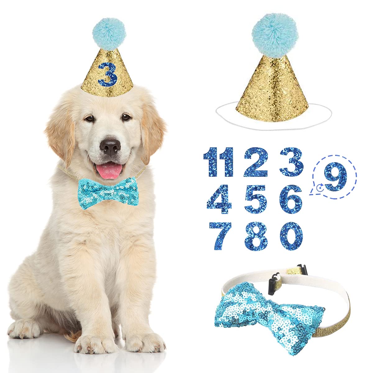 Dog Birthday Hat, Dog Party Hat Kit, with Bow Tie Collar and Blue Number for Pet Puppy Cat Birthday Decorations, Pet Costumes Headwear Accessories 3 Pcs (Blue)