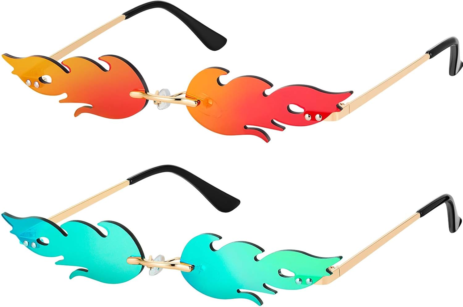 2 Pairs Fire Flame Sunglasses Rimless Wave Sun Glasses Fire Shaped