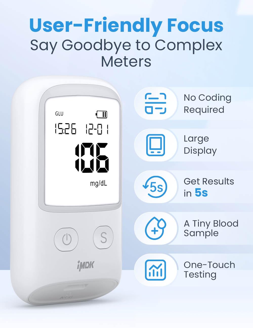 IMDK Blood Glucose Monitor Kit, 𝗖𝗹𝗶𝗻𝗶𝗰𝗮𝗹𝗹𝘆 𝗔𝗰𝗰𝘂𝗿𝗮𝘁𝗲 Blood Sugar Test Kit with 100*Glucometer Strips, 100*Lancets, 1*Lancing Devices, No Coding Required