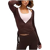 Women Y2k Long Sleeve Wrap Crop Top Ballet Pilates Workout Yoga Tie Front Shirts V Neck Slim Fit Wrap Corset Tops