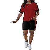 HBQ Women 2 Piece Outfits Summer Color Block Sweatsuits Track Suits Biker Shorts Workout Jogger Sets