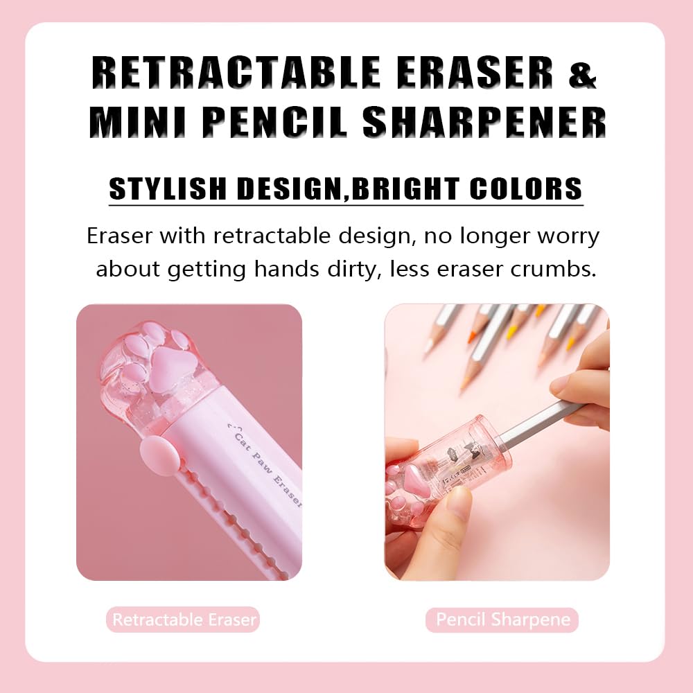 4Pcs Cute Stationery Set,Kawaii School Supplies,Including 2 Retractable Erasers and 2 Pencil Sharpeners, for Kawaii Office School Home Supplies(Eraser and 2Pcs)