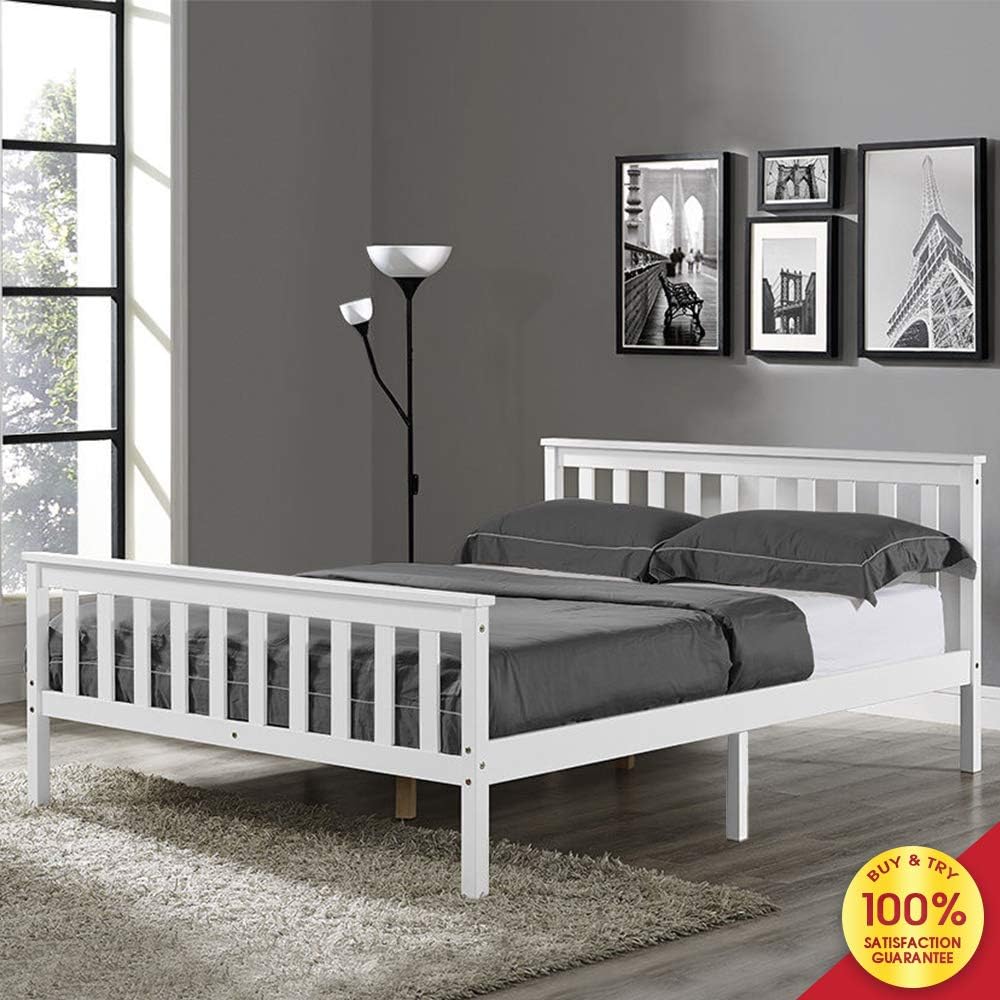Romatlink Bed Wooden Frame, 4 Ft 6 White Finished Solid Pine Wood Platform Bedstock, Fits for Universal Double Mattress, Perfect for Adults Kids Teenagers