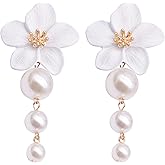 QIAOLEHUI Bohemian Large Matte Flower Pearl Stud Earrings for Women White Pearl Floral Petal Flower Dangle Drop Earrings Wedding Holiday Jewelry
